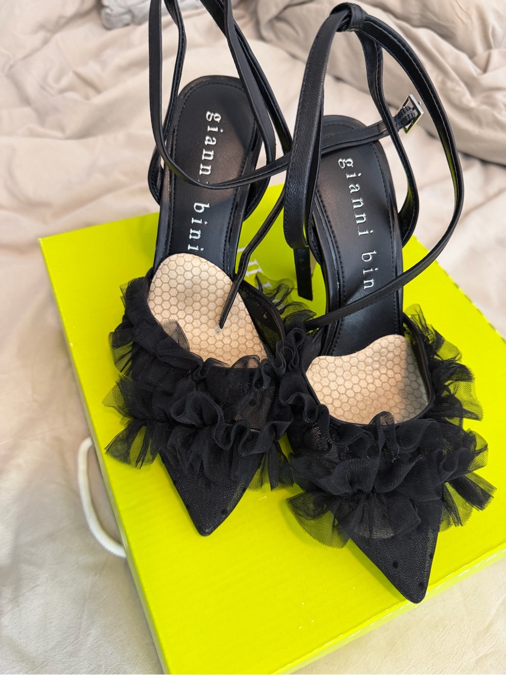 Gianni Bini Black Pointed-Toe Tulle Ruffle Slingback Heels